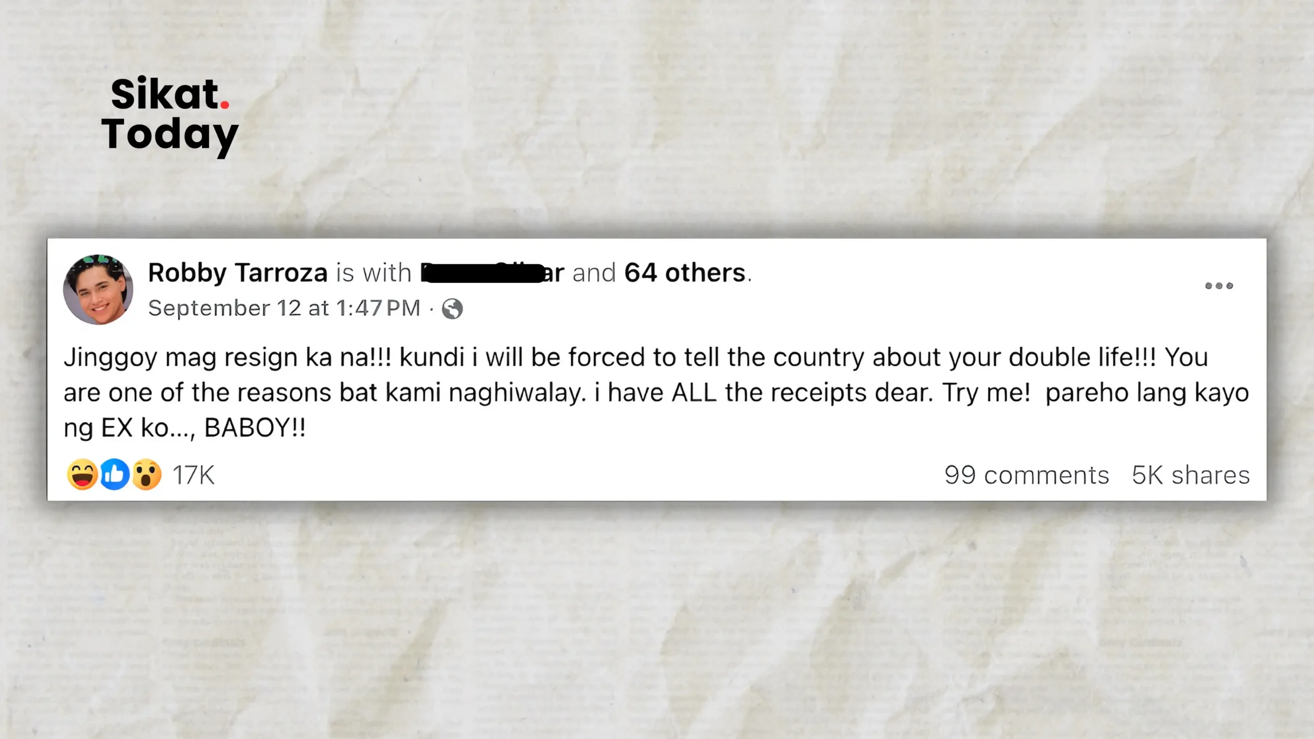 Robby Tarroza post about Jinggoy Estrada