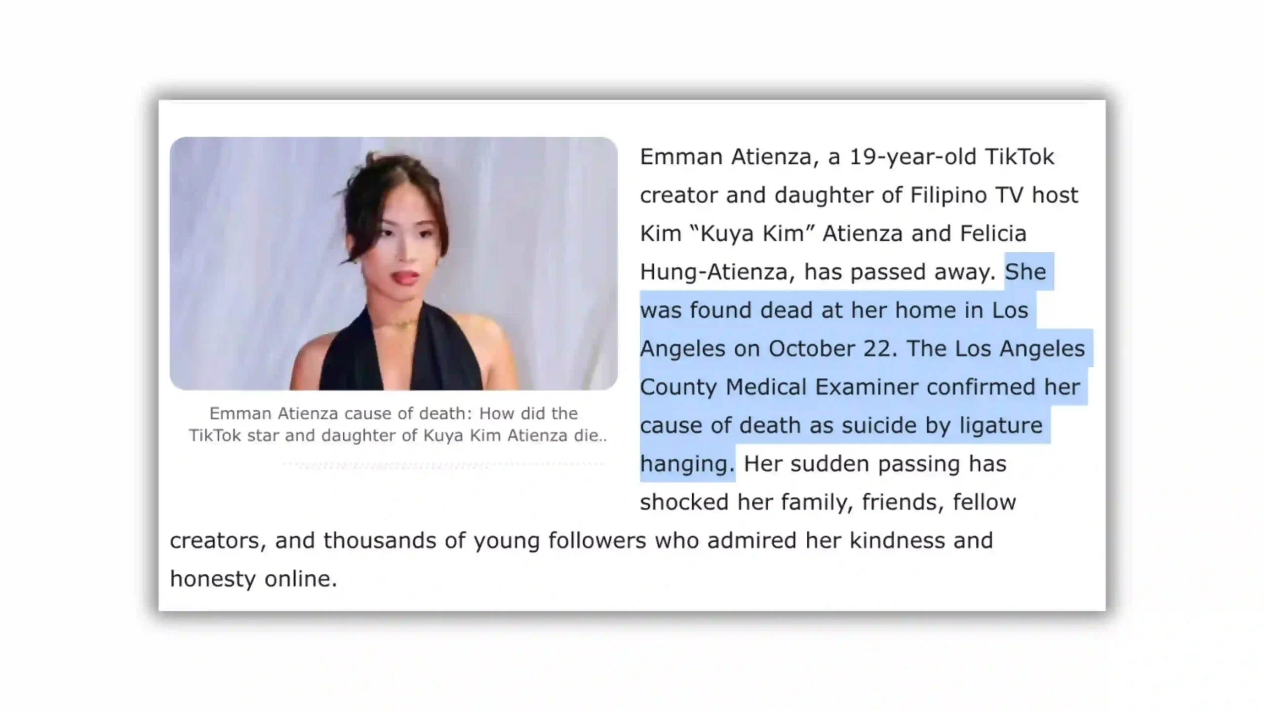 Emmanuelle 'Emman' Atienza cause of death