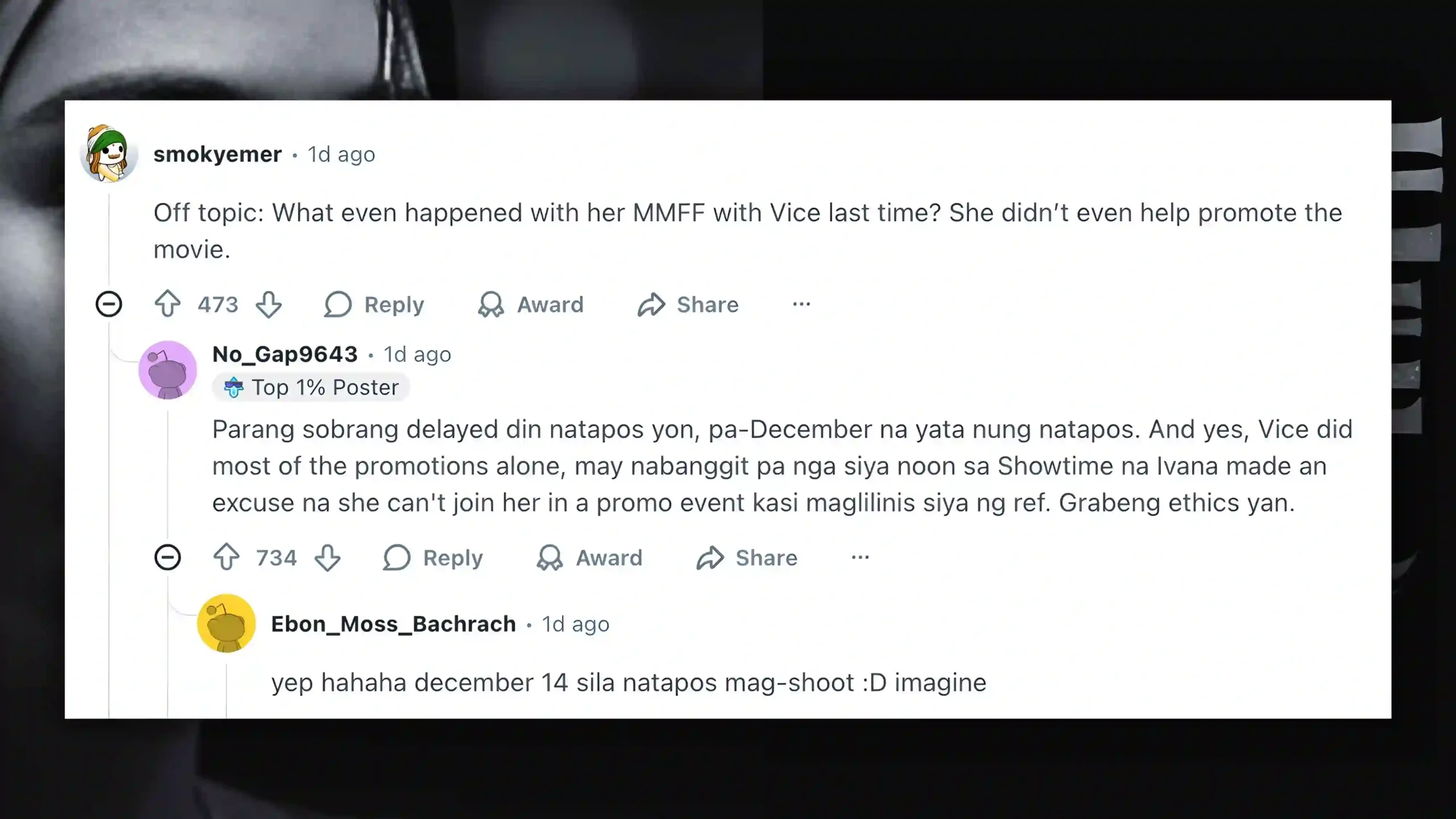 A Reddit thread about Ivana Alawi MMFF issue