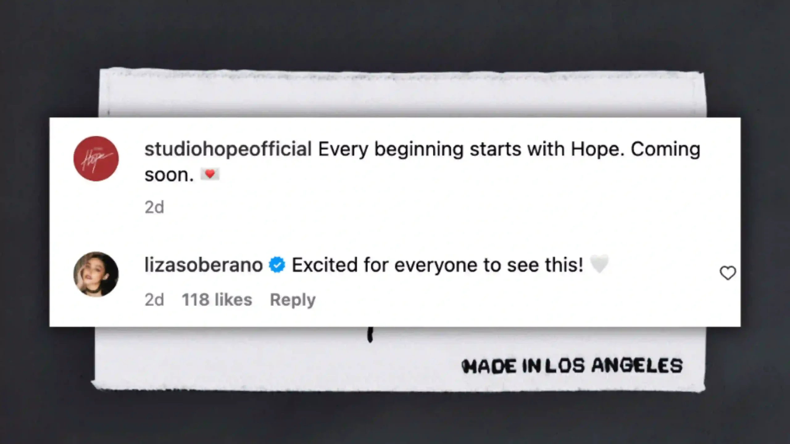 Liza Soberano's IG comment on Studio Hope Official