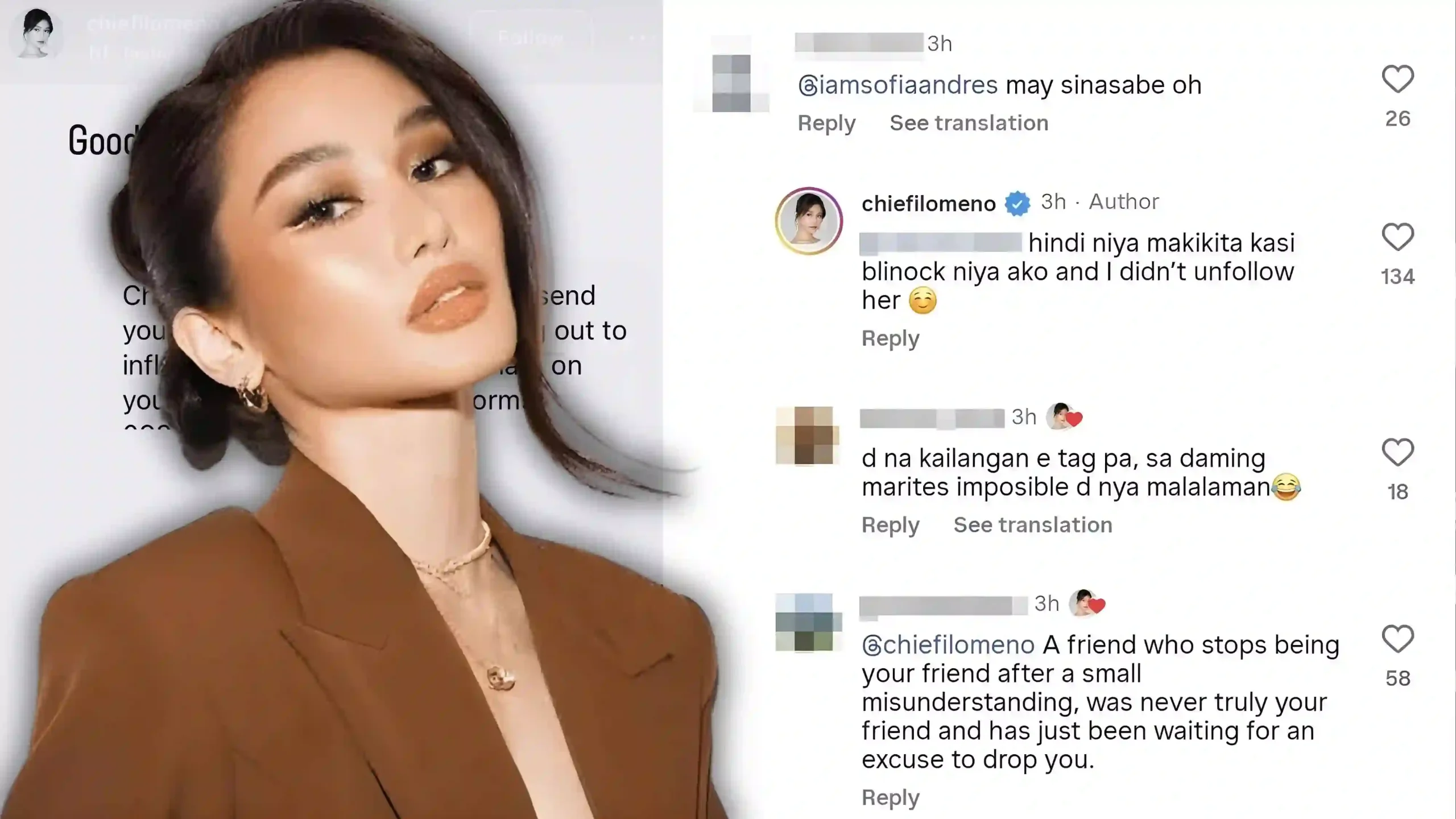 Chie Filomeno responds to comment tagging Sofia Andres