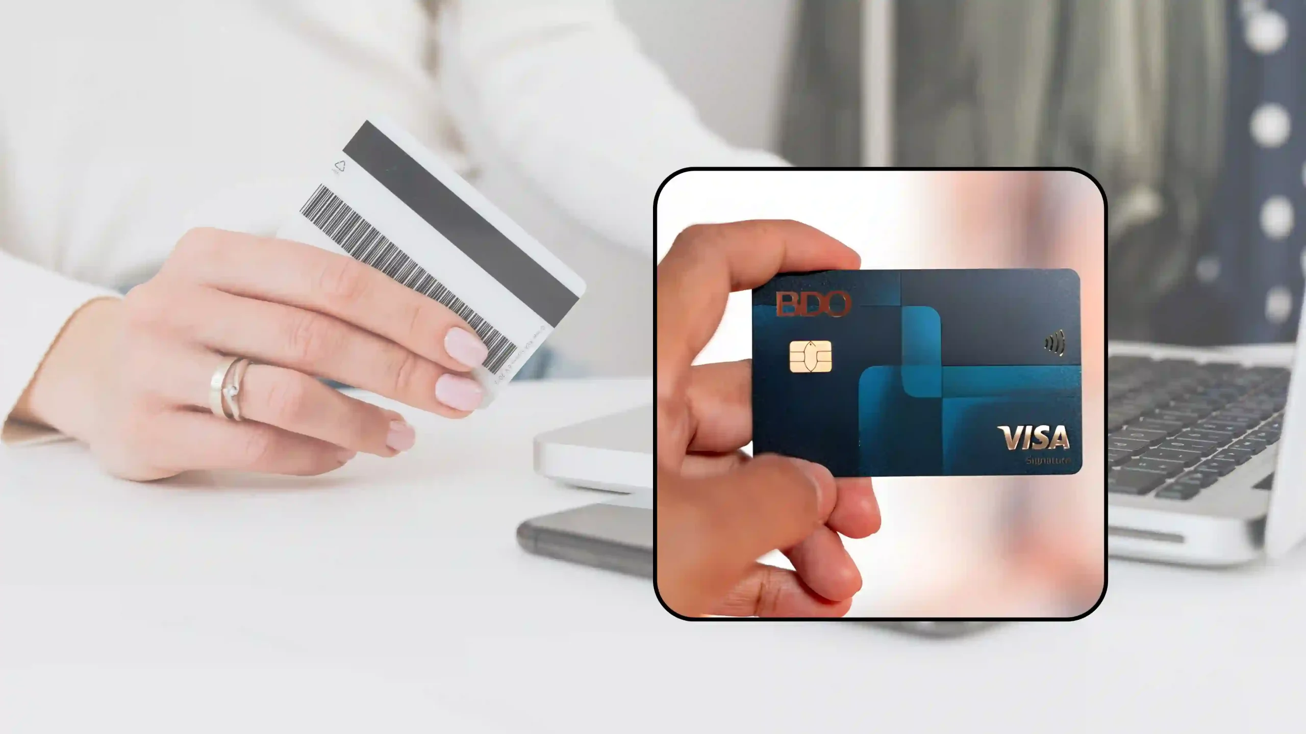 A person holding a BDO Visa Signature credit card while using a laptop