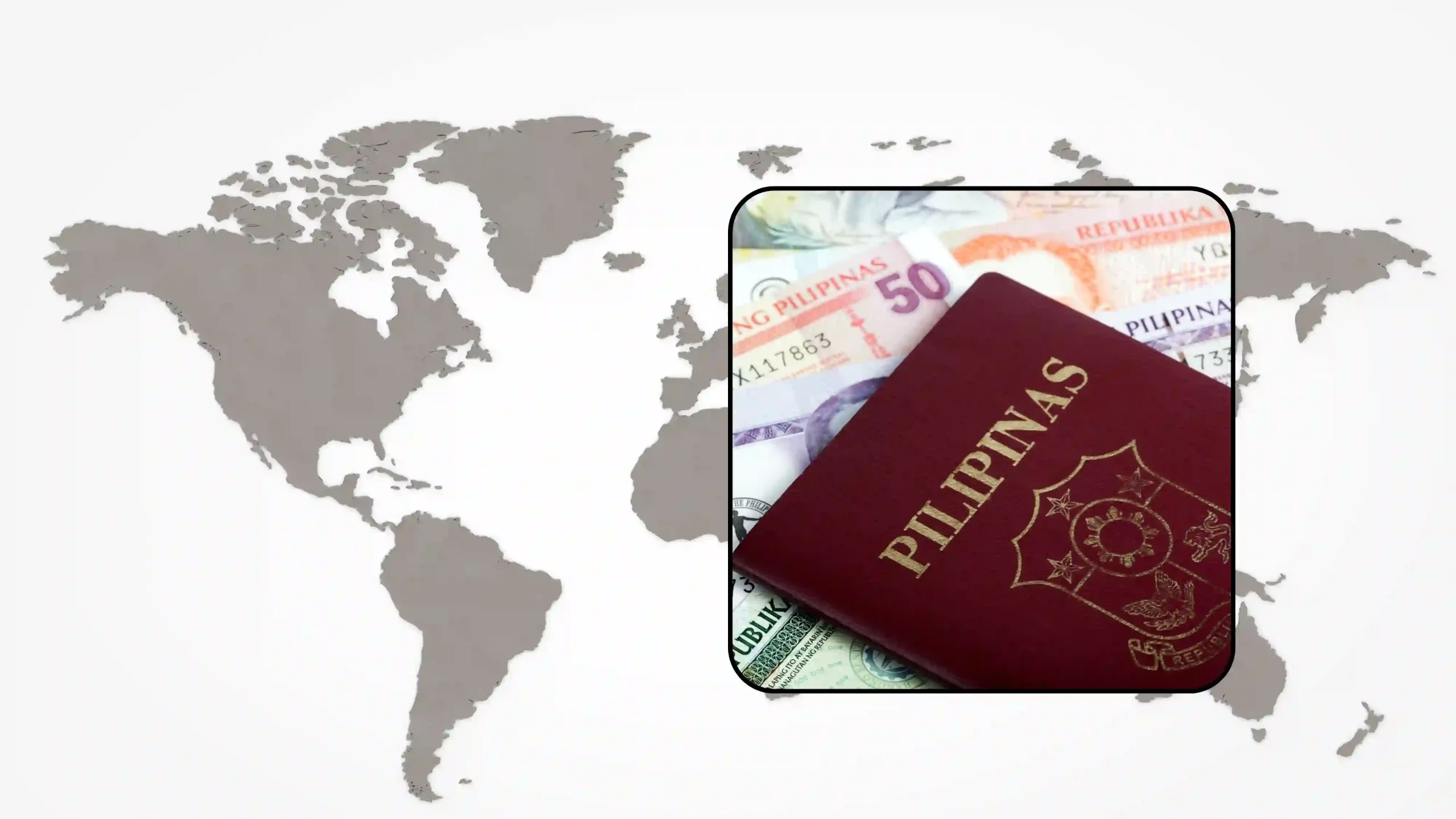 Philippine passport and peso banknotes over a world map