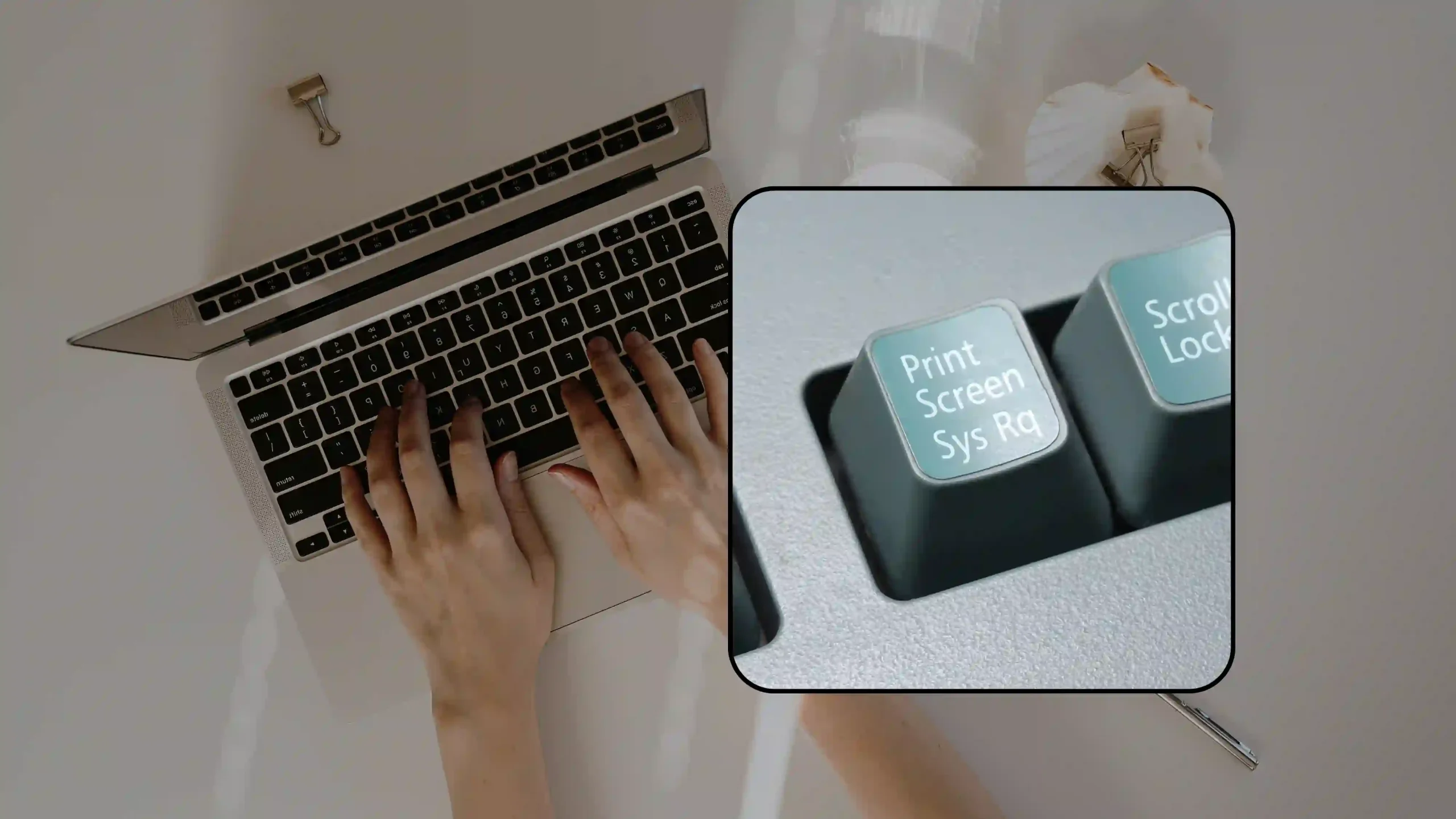 Hands typing on a laptop with an inset close-up of the Print Screen Sys Rq and Scroll Lock keys