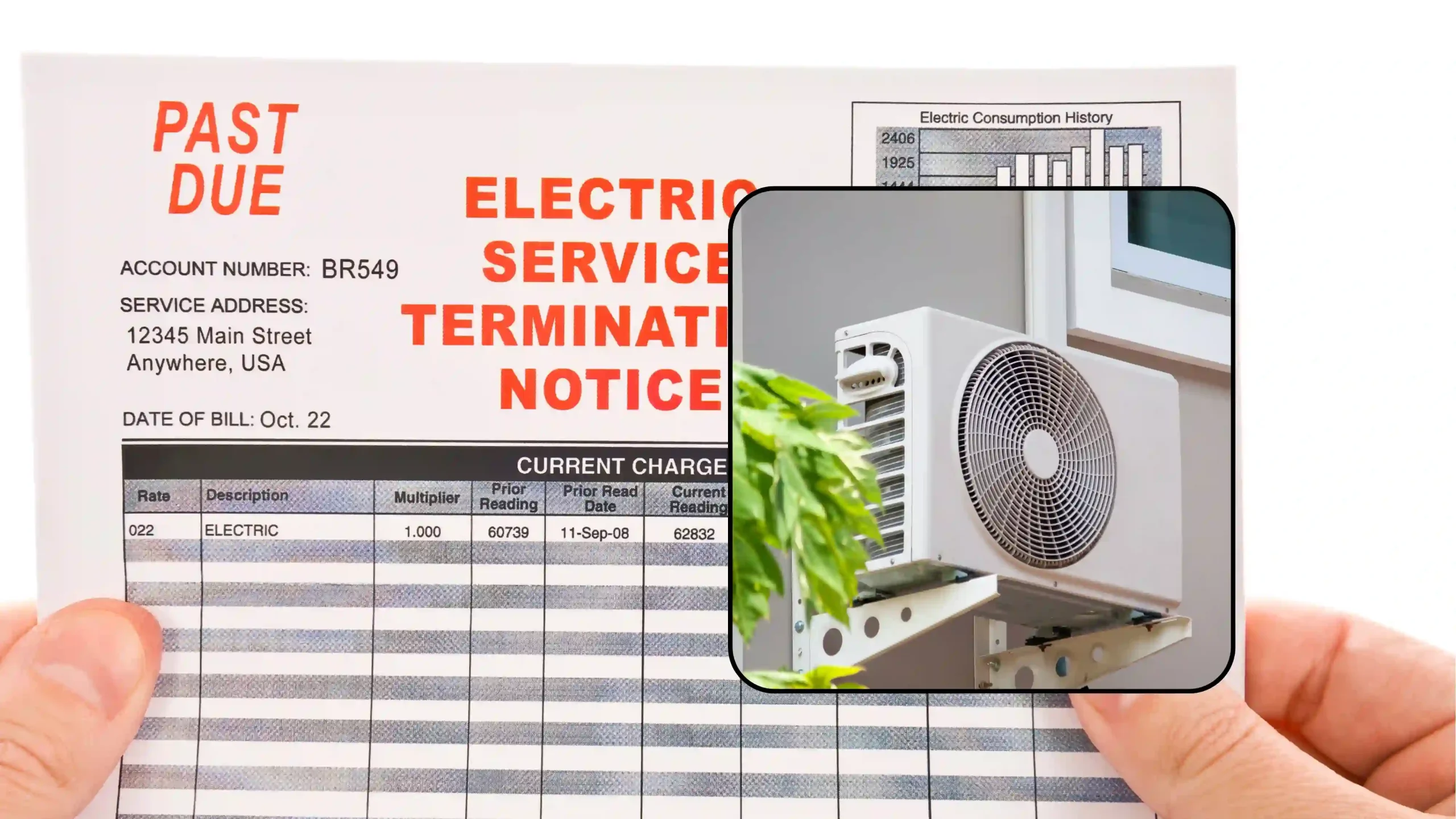 Hands holding an electric service termination notice marked past due, with an inset of an air conditioning unit
