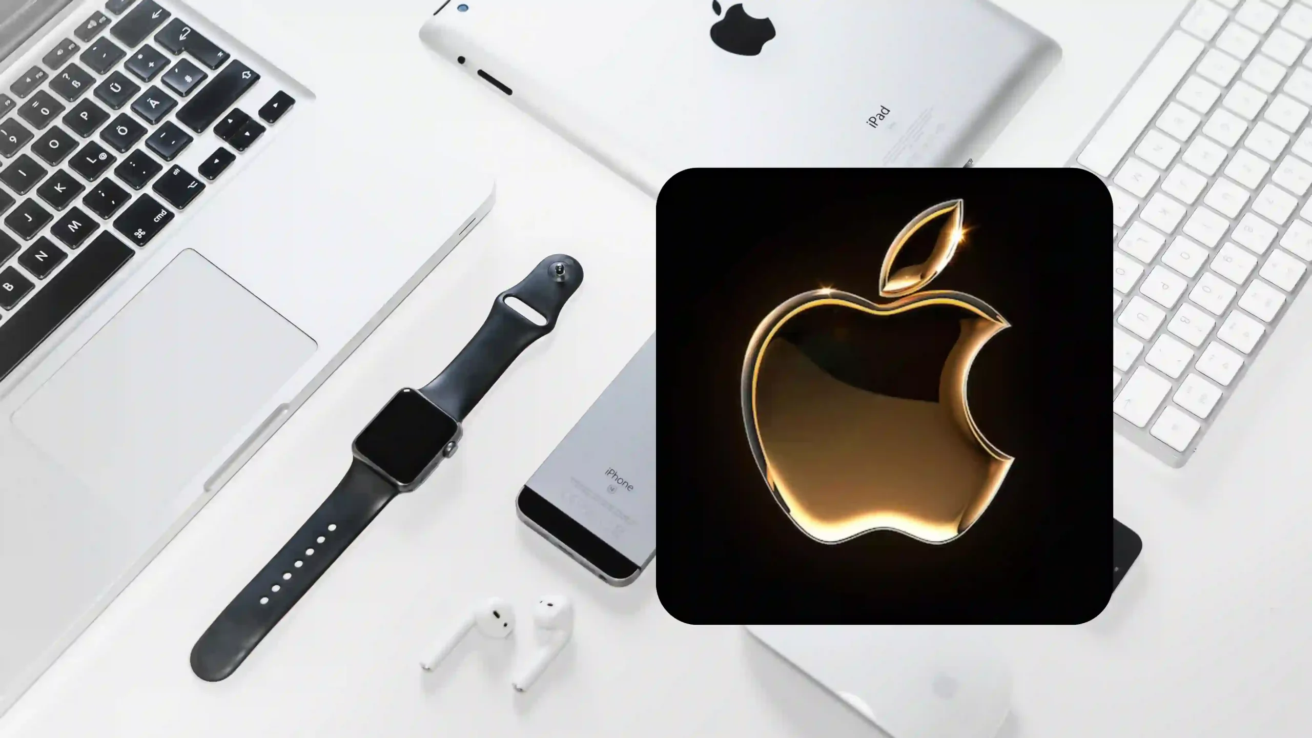 Gold Apple logo centered over a collection of Apple devices including a MacBook, iPad, iPhone, and Apple Watch