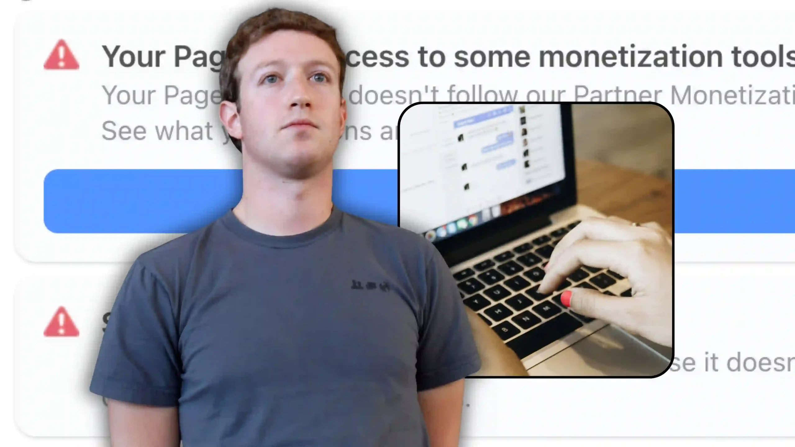 Mark Zuckerberg in front of a Facebook notification stating: Your Page lost access to some monetization tools